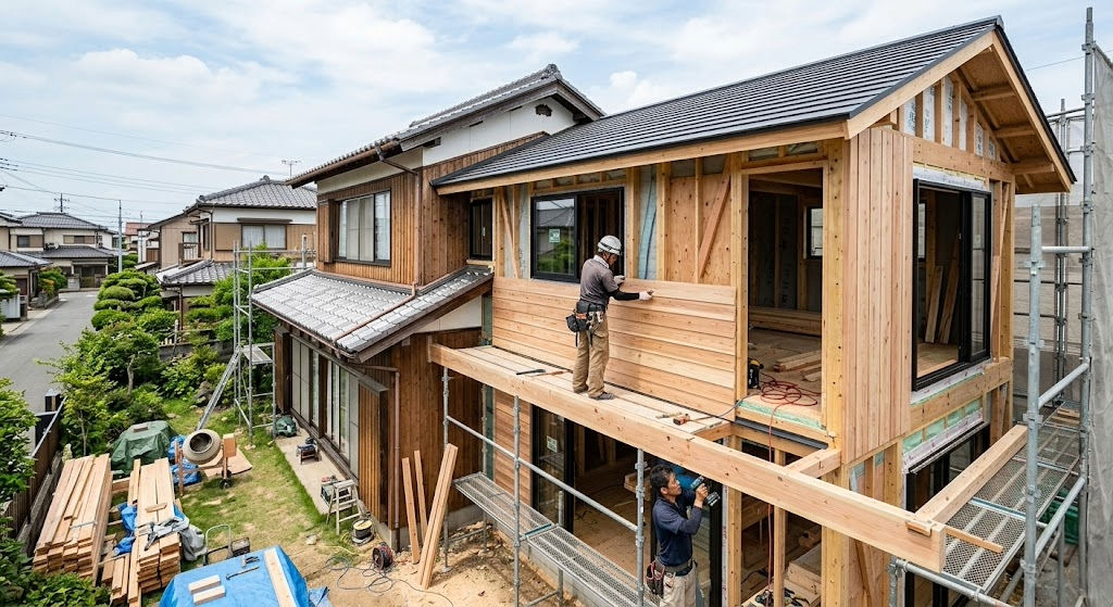 増改築・フルリノベーション工事中の住宅 — 構造から作り変える本格的な改修